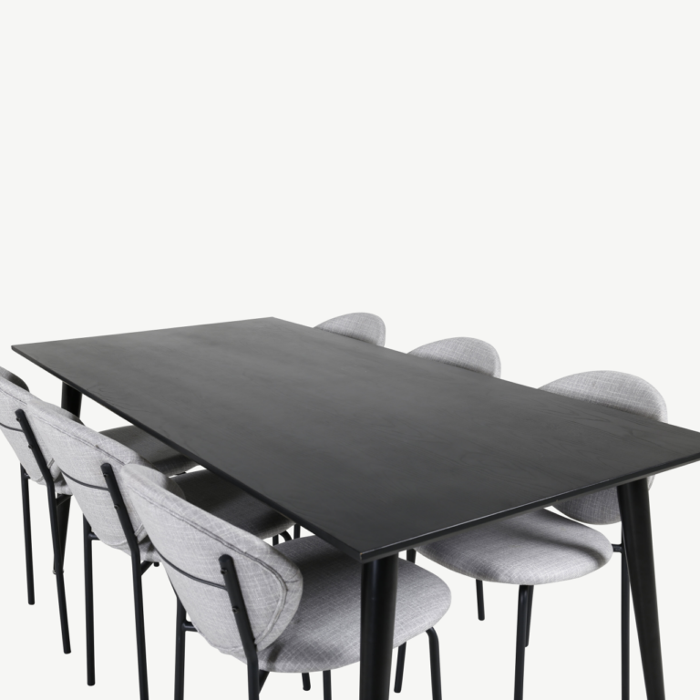 Ristkülikukujuline söögikomplekt Dipp (must vineer, 180x90cm) ja hallid kangast söögitoolid Vault - GR20628