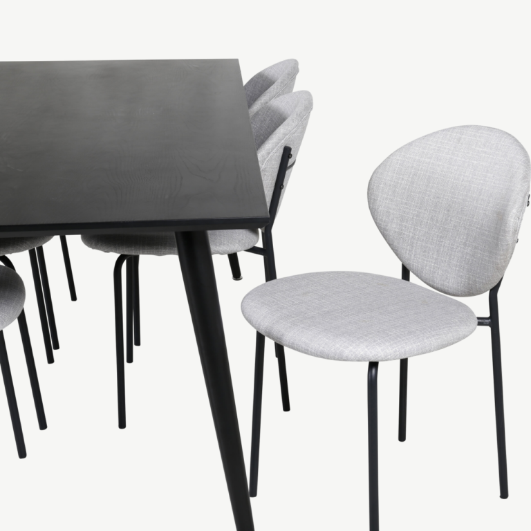 Ristkülikukujuline söögikomplekt Dipp (must vineer, 180x90cm) ja hallid kangast söögitoolid Vault - GR20628