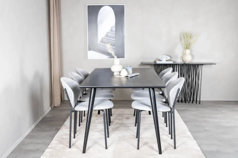 Ristkülikukujuline söögikomplekt Dipp (must vineer, 180x90cm) ja hallid kangast söögitoolid Vault - GR20628