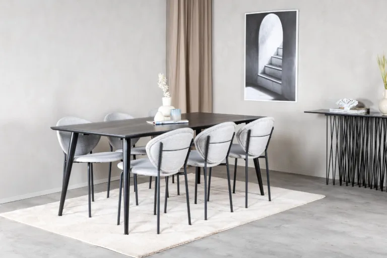 Ristkülikukujuline söögikomplekt Dipp (must vineer, 180x90cm) ja hallid kangast söögitoolid Vault - GR20628