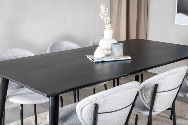 Ristkülikukujuline söögikomplekt Dipp (must vineer, 180x90cm) ja hallid kangast söögitoolid Vault - GR20628