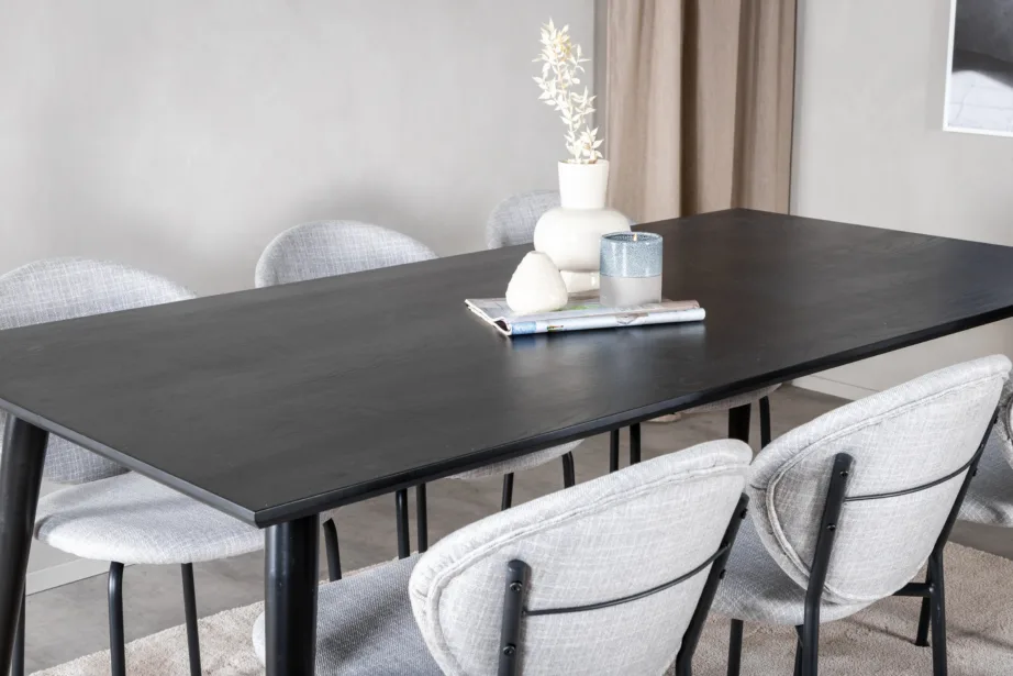 Ristkülikukujuline söögikomplekt Dipp (must vineer, 180x90cm) ja hallid kangast söögitoolid Vault, GR20628 – 8