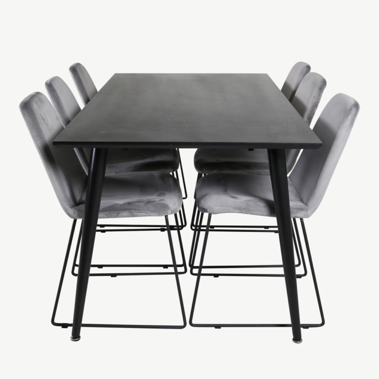 Ristkülikukujuline söögikomplekt Dipp, must MDF laud 180x90 cm ja hallid velvetist Muce toolid - GR20629