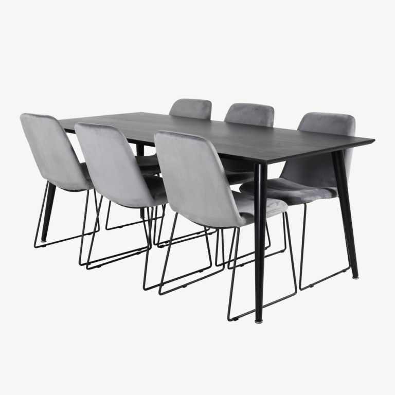 Ristkülikukujuline söögikomplekt Dipp, must MDF laud 180x90 cm ja hallid velvetist Muce toolid - GR20629