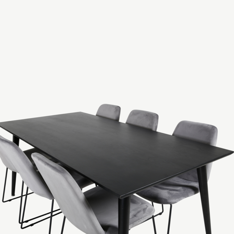 Ristkülikukujuline söögikomplekt Dipp, must MDF laud 180x90 cm ja hallid velvetist Muce toolid - GR20629