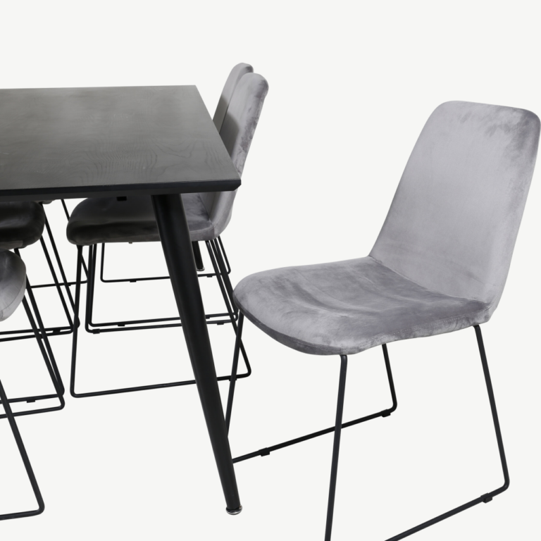 Ristkülikukujuline söögikomplekt Dipp, must MDF laud 180x90 cm ja hallid velvetist Muce toolid - GR20629