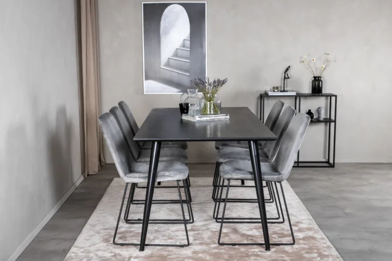 Ristkülikukujuline söögikomplekt Dipp, must MDF laud 180x90 cm ja hallid velvetist Muce toolid - GR20629