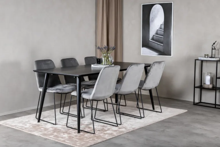 Ristkülikukujuline söögikomplekt Dipp, must MDF laud 180x90 cm ja hallid velvetist Muce toolid - GR20629