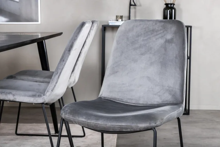 Ristkülikukujuline söögikomplekt Dipp, must MDF laud 180x90 cm ja hallid velvetist Muce toolid - GR20629