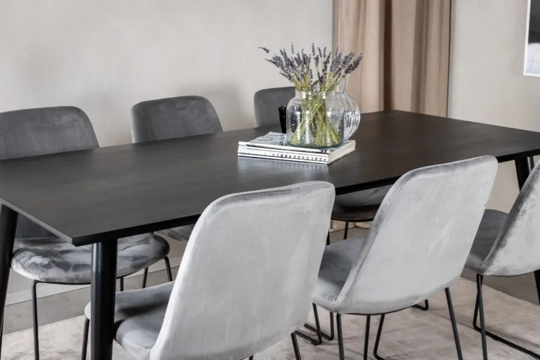 Ristkülikukujuline söögikomplekt Dipp, must MDF laud 180x90 cm ja hallid velvetist Muce toolid - GR20629