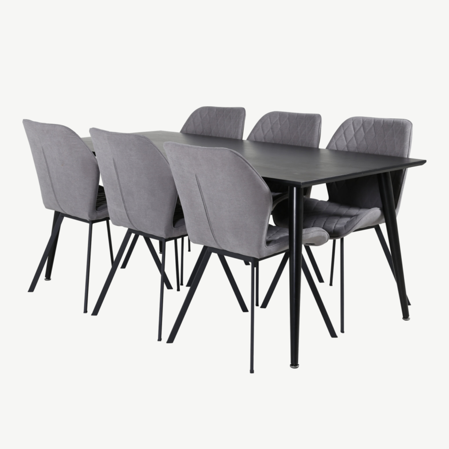 Must söögilaud Dipp ja hallid Gemma söögitoolid (ristkülikukujuline, 180×90 cm), GR20630