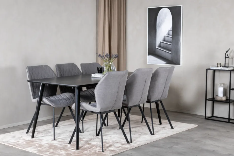 Must söögilaud Dipp ja hallid Gemma söögitoolid (ristkülikukujuline, 180×90 cm), GR20630 – 6