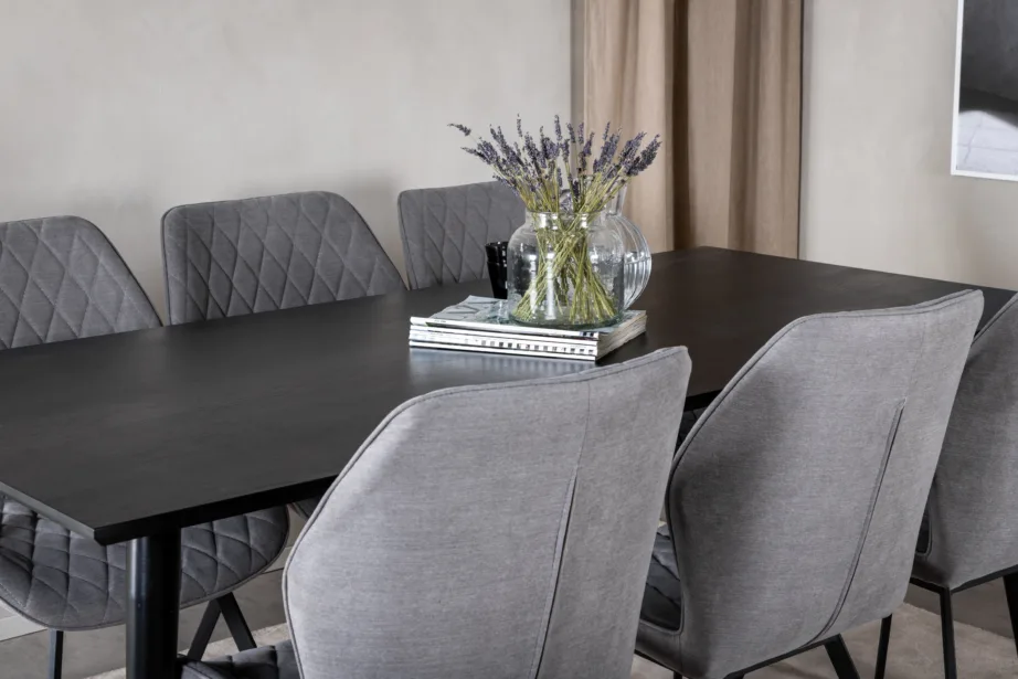 Must söögilaud Dipp ja hallid Gemma söögitoolid (ristkülikukujuline, 180×90 cm), GR20630 – 8