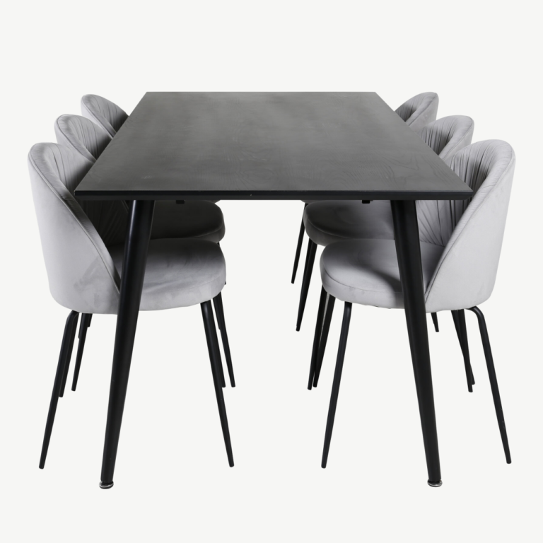 Söögilaua komplekt Dipp, must vineer, hallid velvetist toolid, 180x90 cm - GR20631