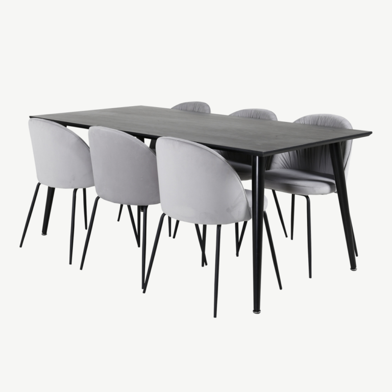 Söögilaua komplekt Dipp, must vineer, hallid velvetist toolid, 180x90 cm - GR20631
