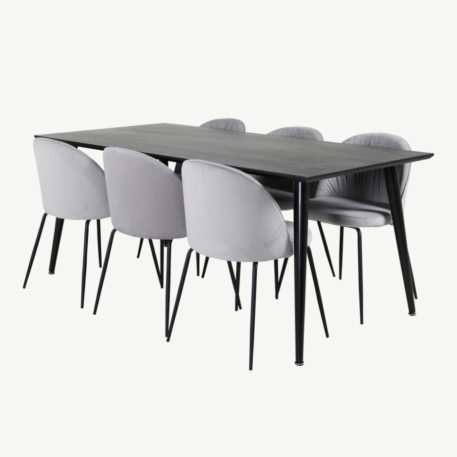 Söögilaua komplekt Dipp, must vineer, hallid velvetist toolid, 180×90 cm, GR20631