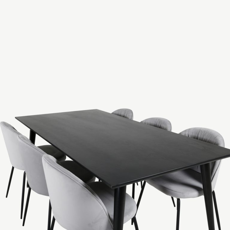 Söögilaua komplekt Dipp, must vineer, hallid velvetist toolid, 180x90 cm - GR20631