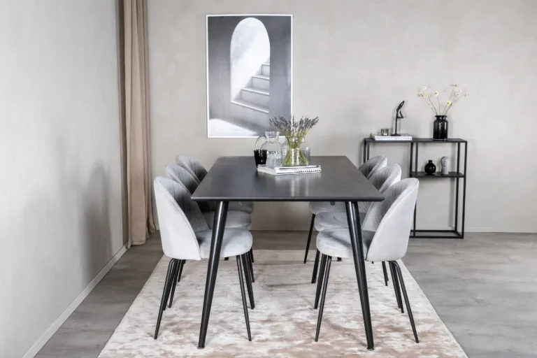 Söögilaua komplekt Dipp, must vineer, hallid velvetist toolid, 180x90 cm - GR20631