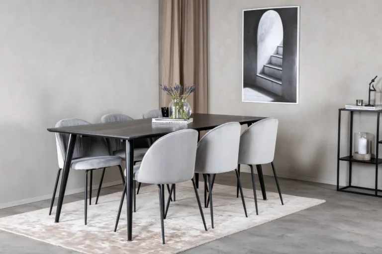 Söögilaua komplekt Dipp, must vineer, hallid velvetist toolid, 180x90 cm - GR20631