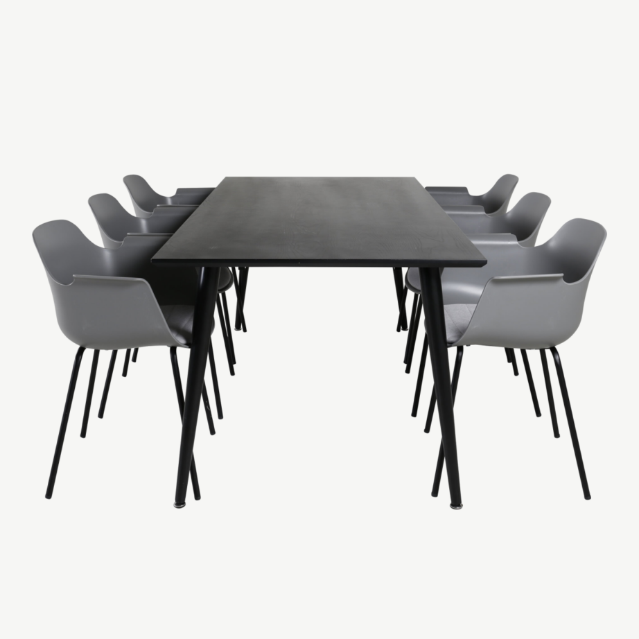 Ristkülikukujuline söögilaua komplekt Dipp musta viimistlusega lauaga ja hallide polsterdatud toolidega (6 tooli), GR20632 – 2