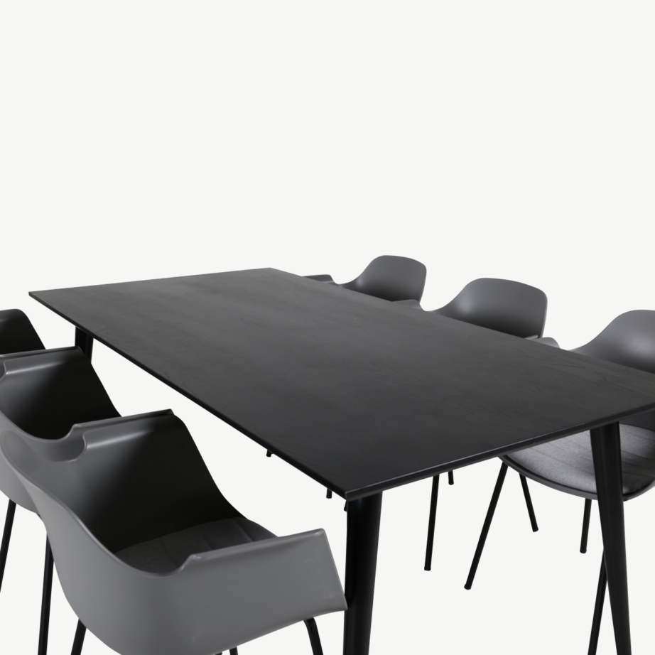 Ristkülikukujuline söögilaua komplekt Dipp musta viimistlusega lauaga ja hallide polsterdatud toolidega (6 tooli), GR20632 – 3