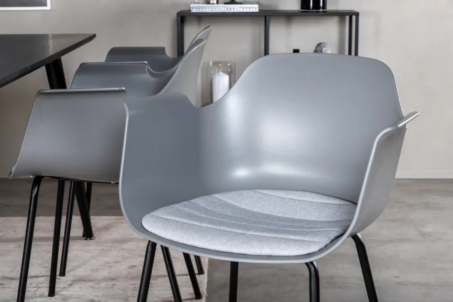 Ristkülikukujuline söögilaua komplekt Dipp musta viimistlusega lauaga ja hallide polsterdatud toolidega (6 tooli), GR20632 – 6