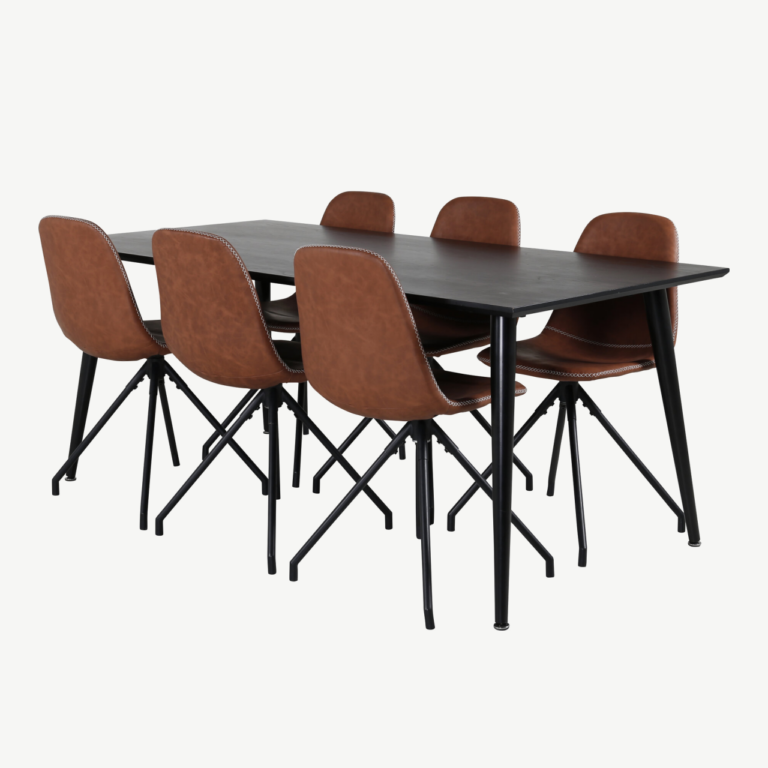 Must söögilaud Dipp (180x90 cm) ja 6 pruuni pöörleva Polar tooliga, mustad jalad - GR20634