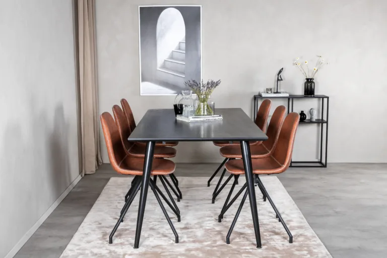 Must söögilaud Dipp (180x90 cm) ja 6 pruuni pöörleva Polar tooliga, mustad jalad - GR20634