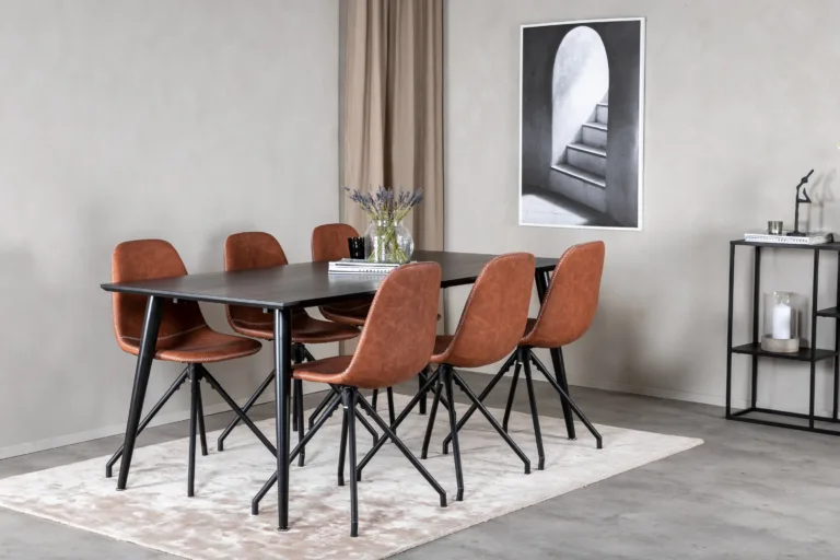 Must söögilaud Dipp (180x90 cm) ja 6 pruuni pöörleva Polar tooliga, mustad jalad - GR20634
