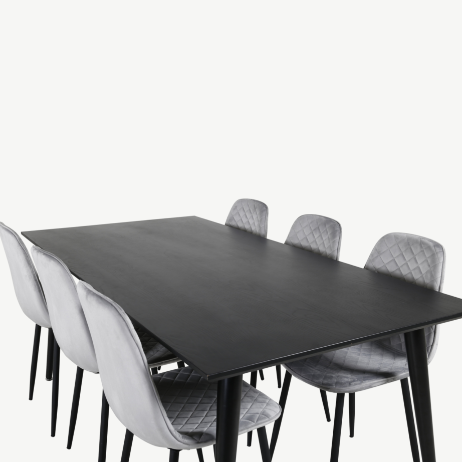 Ristkülikukujuline must söögilaud Dipp ja 6 halli velvetist Polar tooli, GR20635 – 3