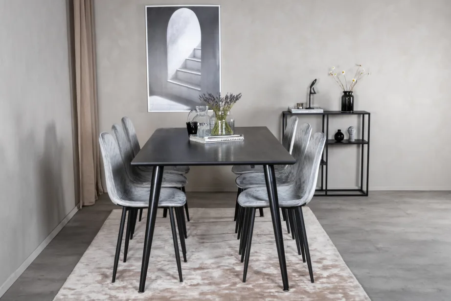 Ristkülikukujuline must söögilaud Dipp ja 6 halli velvetist Polar tooli, GR20635 – 4