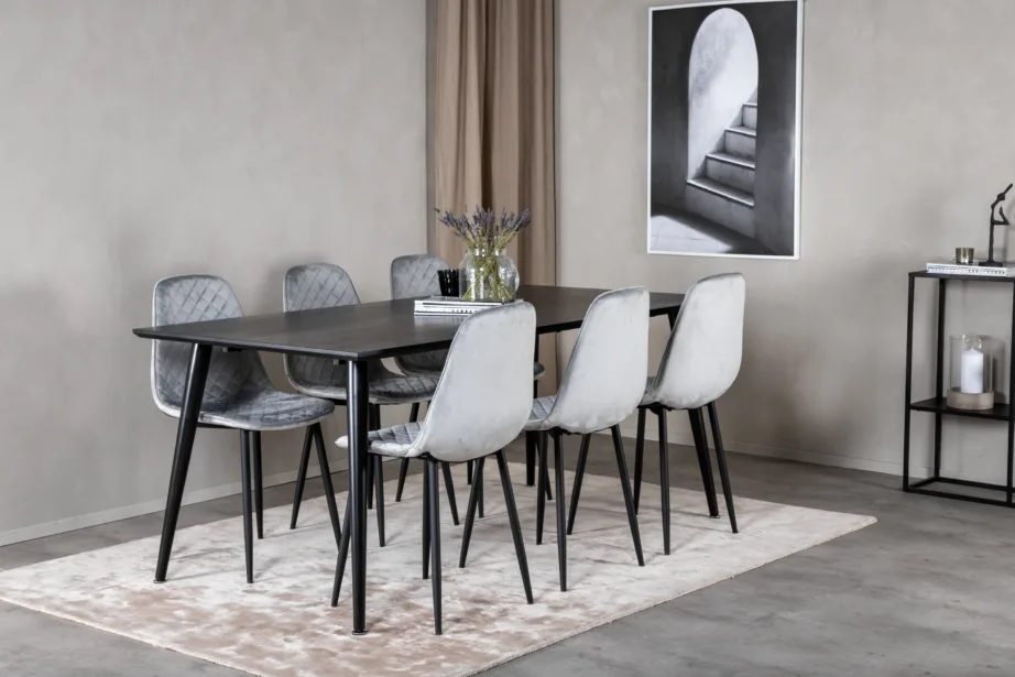 Ristkülikukujuline must söögilaud Dipp ja 6 halli velvetist Polar tooli, GR20635 – 5