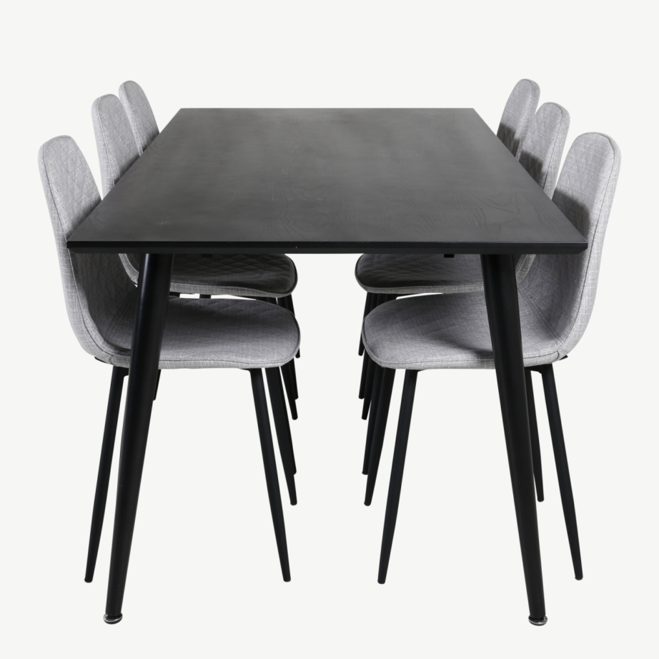 Dipp must ristkülikukujuline söögilaud ja 6 halli kangast tooli, GR20636 – 2