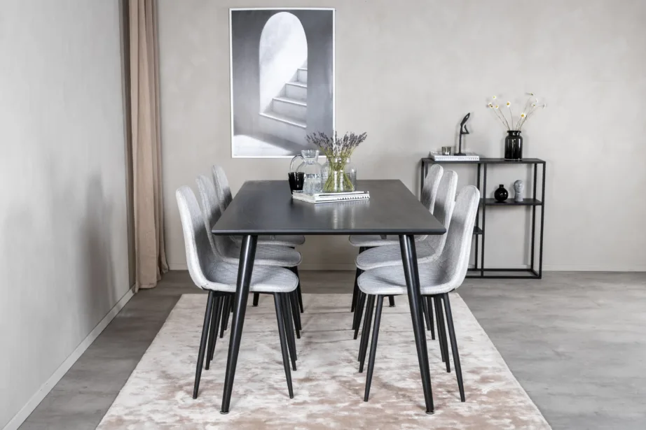 Dipp must ristkülikukujuline söögilaud ja 6 halli kangast tooli, GR20636 – 4