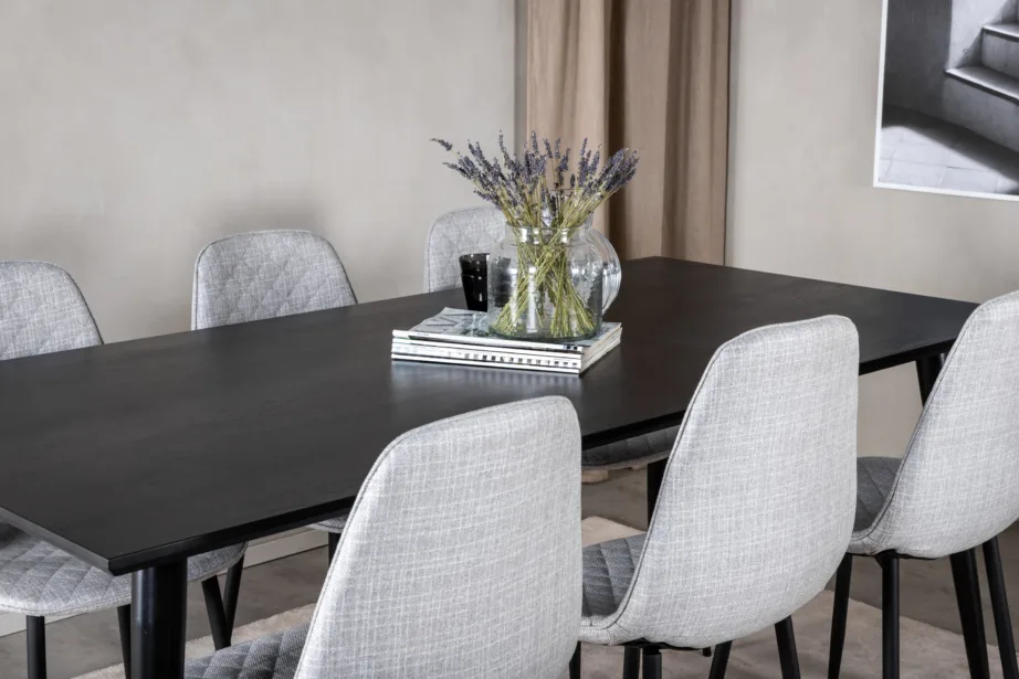 Dipp must ristkülikukujuline söögilaud ja 6 halli kangast tooli, GR20636 – 7