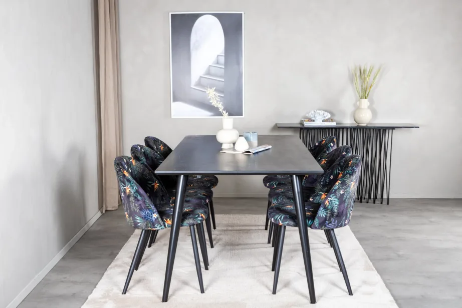 Dipp ristkülikukujuline söögilaud musta spooniga ja sametist toolid, GR20638 – 4