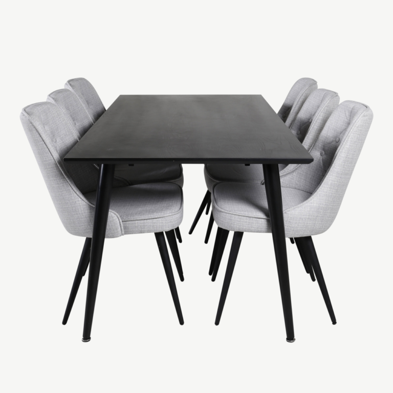 Ristkülikukujuline söögilaud Dipp kuue halli sametkattega tooliga (must viimistlus, 180x90 cm) - GR20640