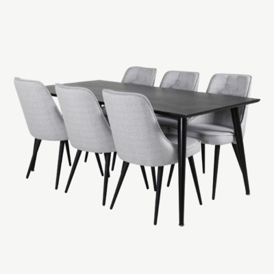 Ristkülikukujuline söögilaud Dipp kuue halli sametkattega tooliga (must viimistlus, 180x90 cm) - GR20640