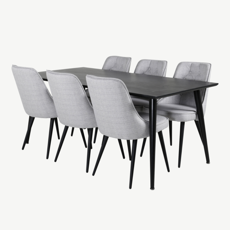 Ristkülikukujuline söögilaud Dipp kuue halli sametkattega tooliga (must viimistlus, 180x90 cm) - GR20640