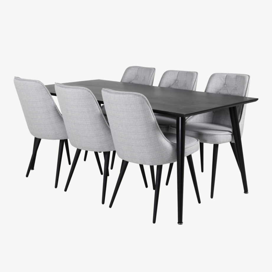 Ristkülikukujuline söögilaud Dipp kuue halli sametkattega tooliga (must viimistlus, 180×90 cm), GR20640