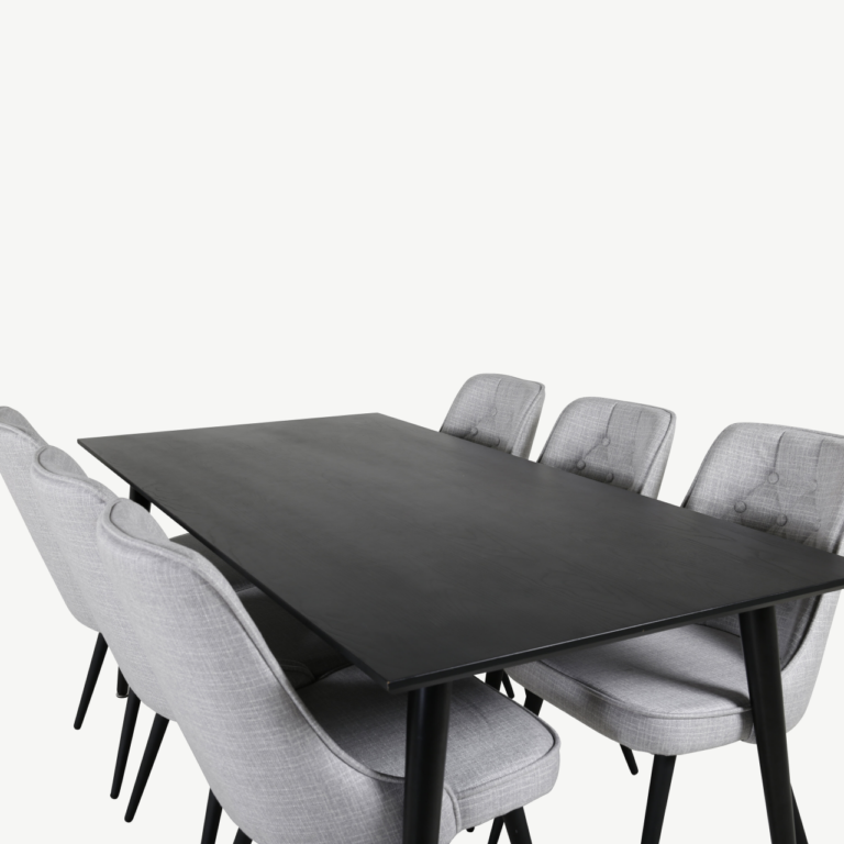 Ristkülikukujuline söögilaud Dipp kuue halli sametkattega tooliga (must viimistlus, 180x90 cm) - GR20640