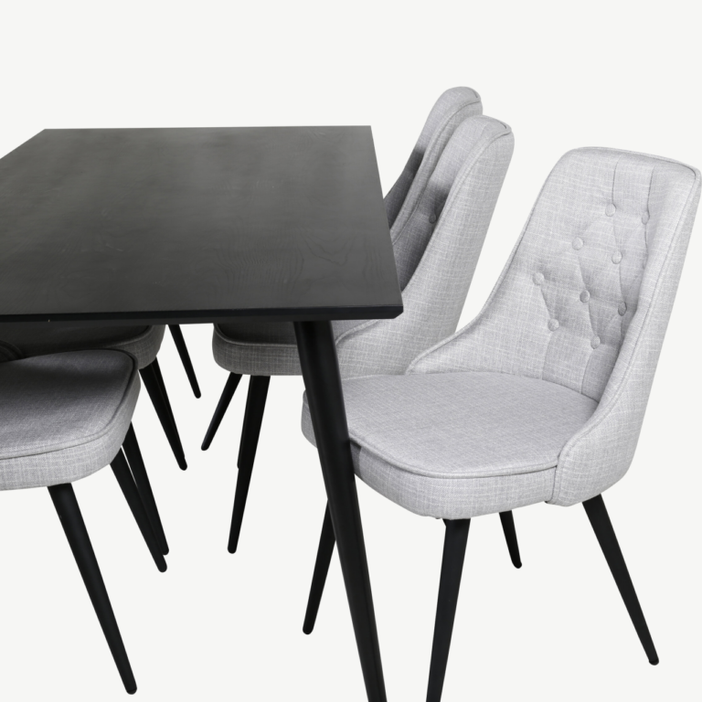Ristkülikukujuline söögilaud Dipp kuue halli sametkattega tooliga (must viimistlus, 180x90 cm) - GR20640