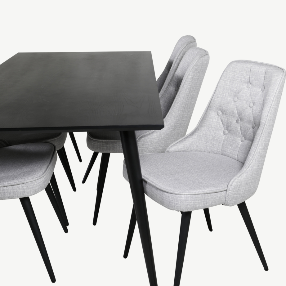 Ristkülikukujuline söögilaud Dipp kuue halli sametkattega tooliga (must viimistlus, 180×90 cm), GR20640 – 4