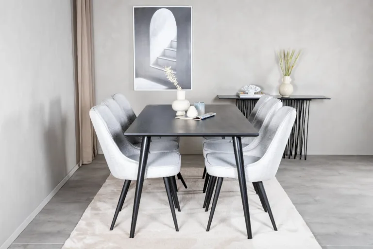 Ristkülikukujuline söögilaud Dipp kuue halli sametkattega tooliga (must viimistlus, 180x90 cm) - GR20640