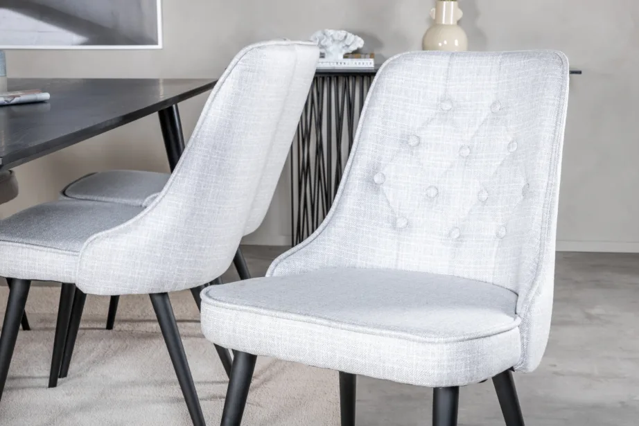 Ristkülikukujuline söögilaud Dipp kuue halli sametkattega tooliga (must viimistlus, 180×90 cm), GR20640 – 7