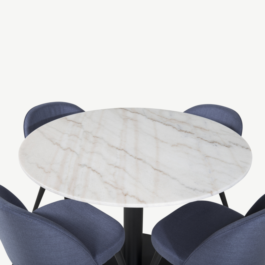 Estelle ümmargune söögikomplekt marmorlauaga ja Velvet-sarja siniste toolidega, GR20641 – 3