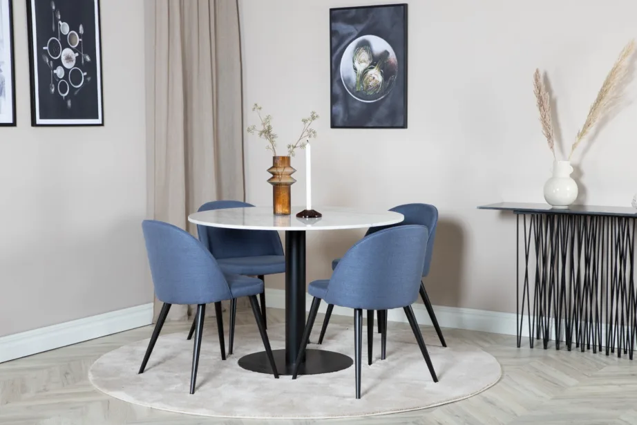 Estelle ümmargune söögikomplekt marmorlauaga ja Velvet-sarja siniste toolidega, GR20641 – 4