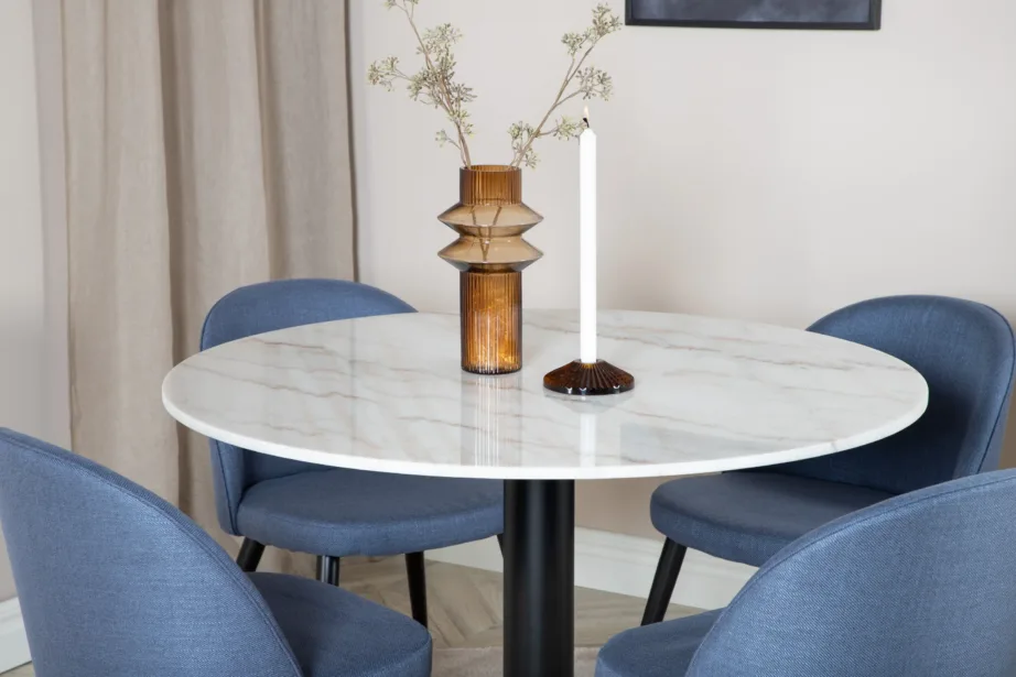 Estelle ümmargune söögikomplekt marmorlauaga ja Velvet-sarja siniste toolidega, GR20641 – 6