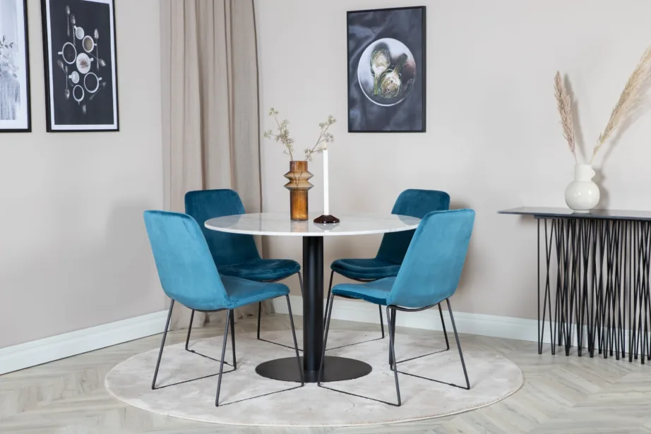 Ümmargune marmorist söögilaud Estelle ning sinised velvetist Muce toolid, GR20643 – 3