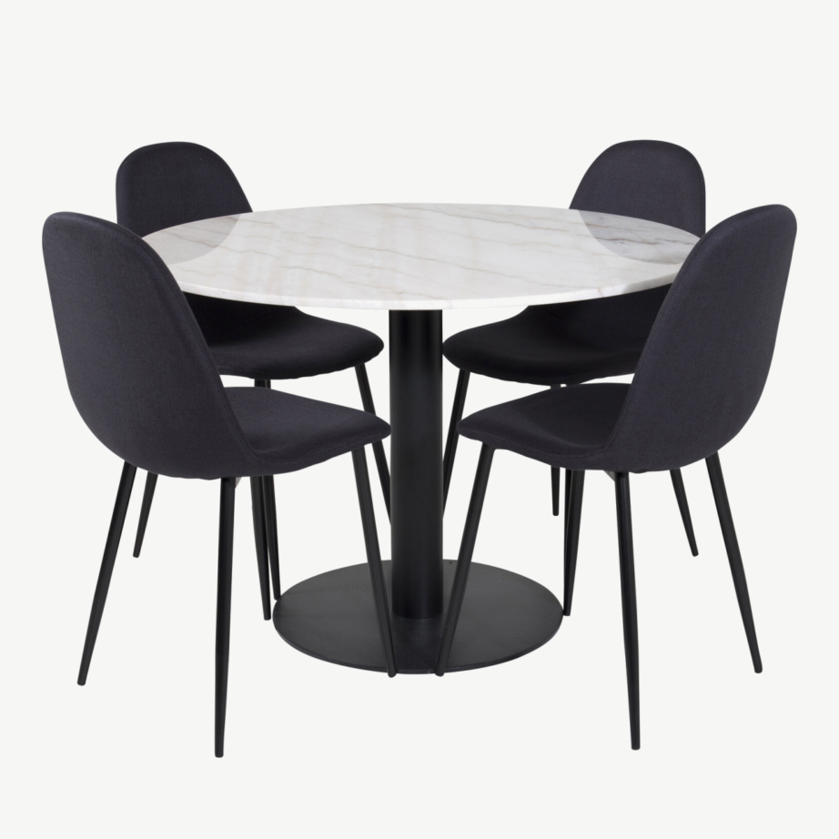 Estelle ümmargune marmorist söögilaud ja musta kangaga Polar toolid, GR20647